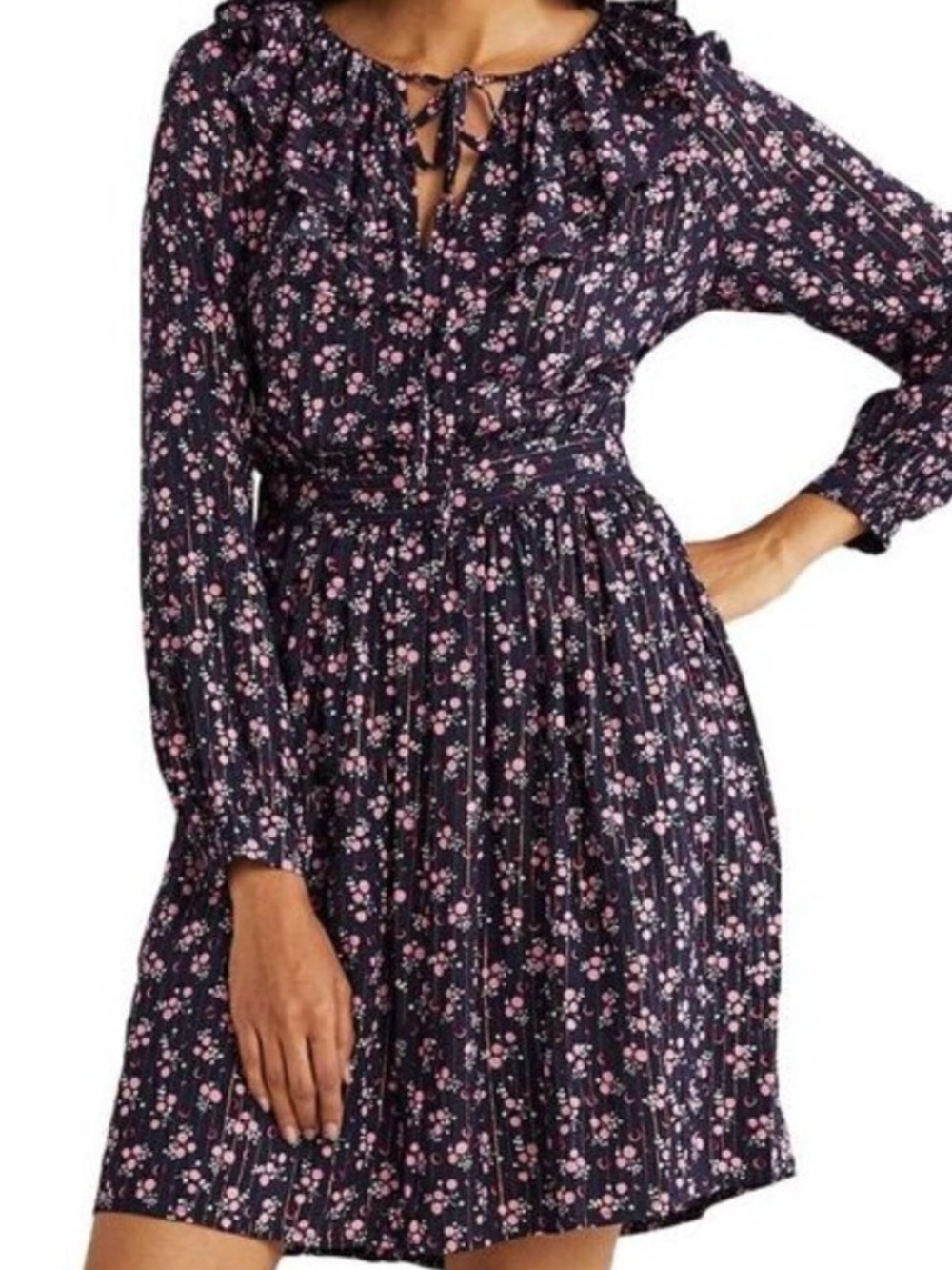 Boden Metallic Frill Detail‎ Dress Navy Berry Sprig Size 16/18L NWT